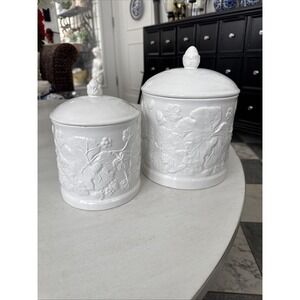Williams Sonoma Set Of 2 Floral/leaves White Ceramic Food Containers